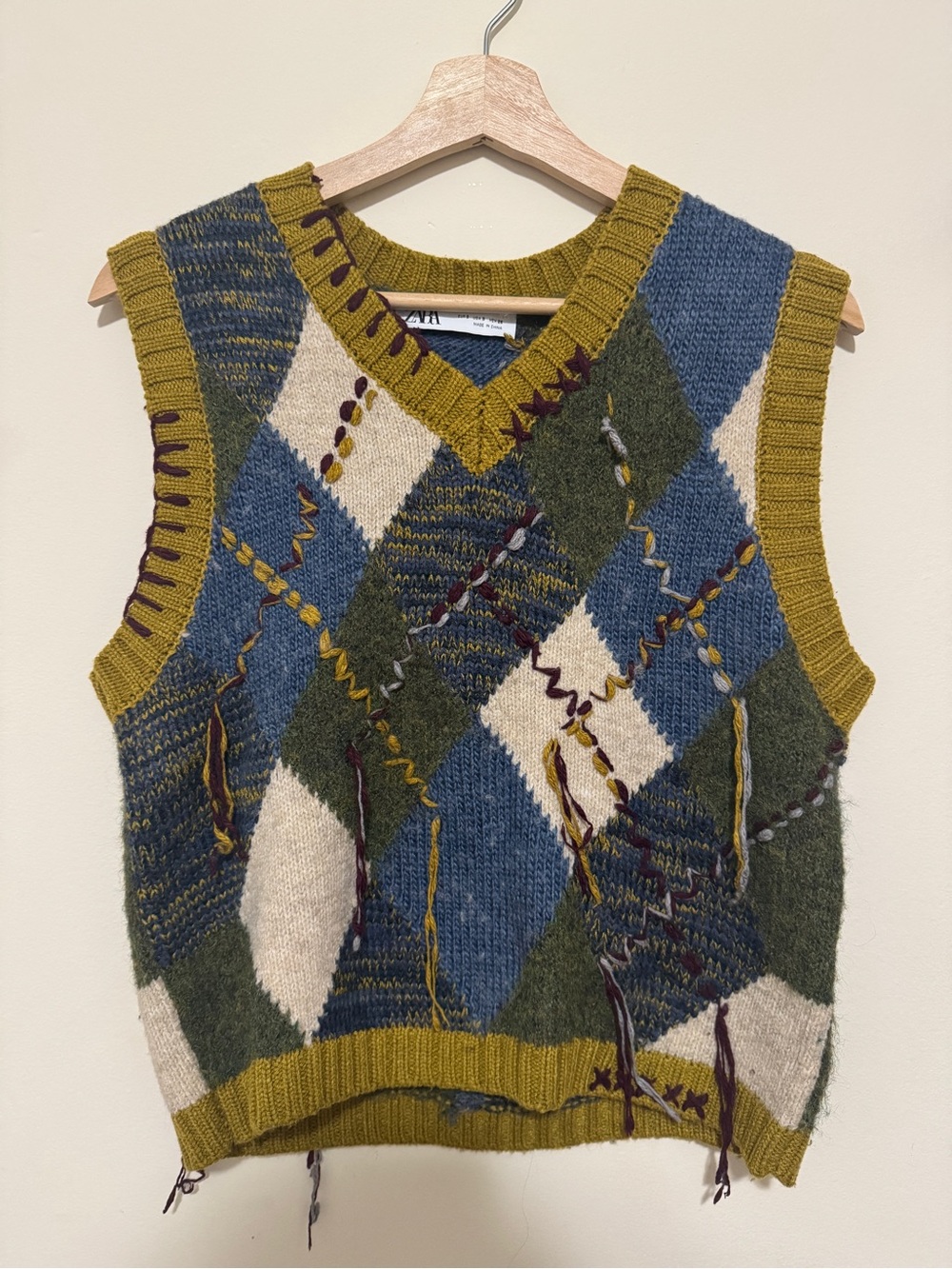 Zara Olive, Blue, Cream and Gray Argyle V-Neck Sweater Vest